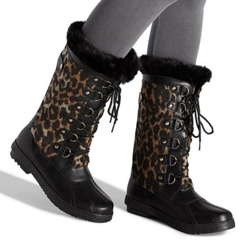 New Black & Brown Leopard Lace Up Duck Boot Sz 7